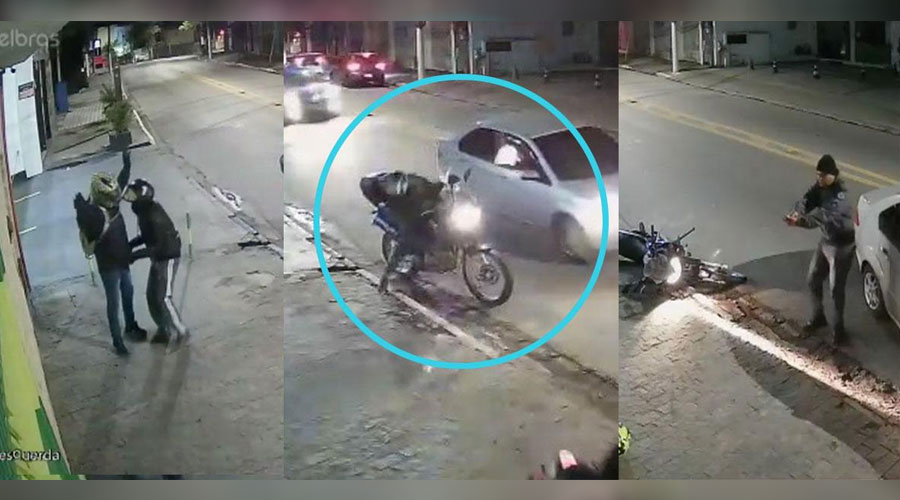 (Video) Policía dispara desde su vehículo a dos ladrones que asaltaban a un motociclista en Brasil